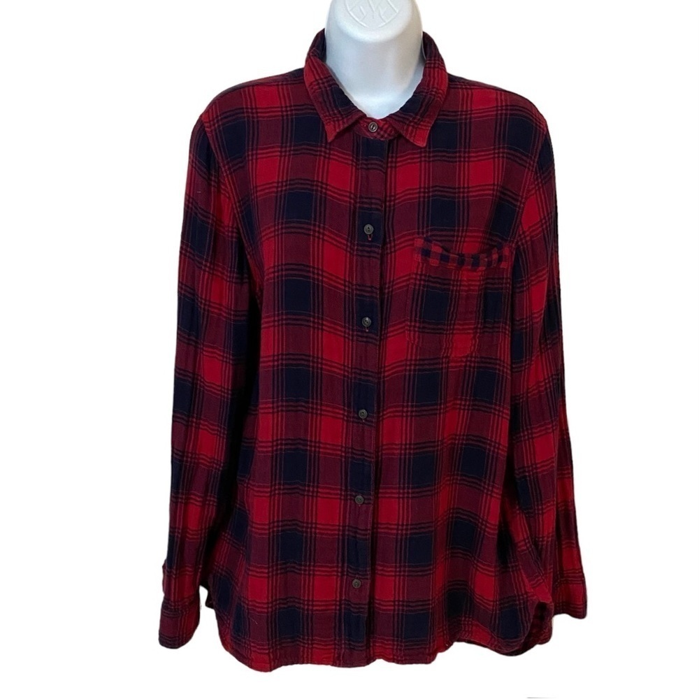 Madewell Red Black Buffalo Check Plaid Gauzy Button Front Shirt Top Large